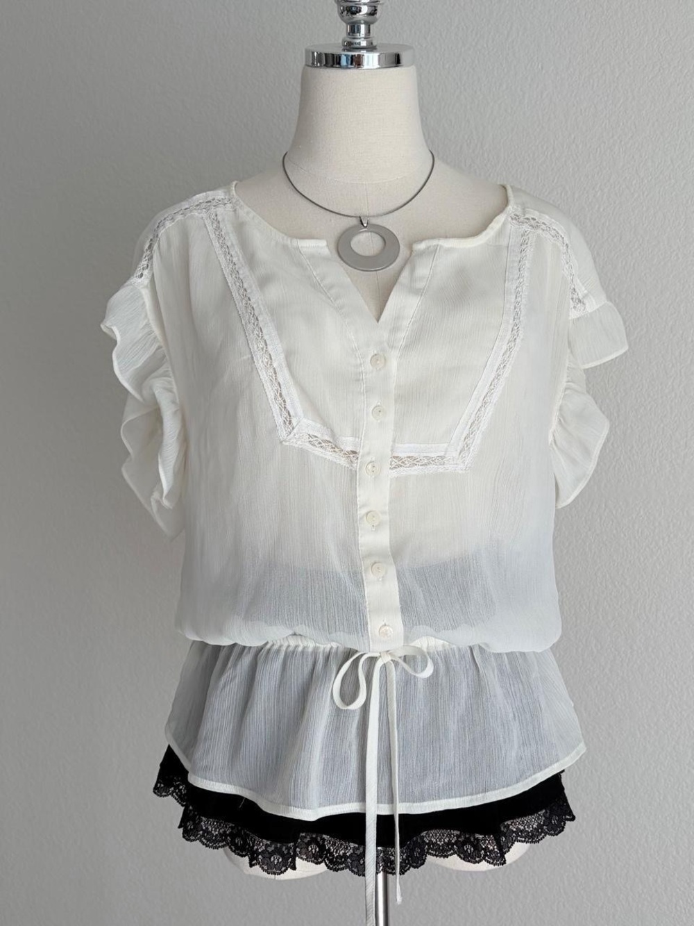 LOFT White Lace-Trim Button Front Peasant Blouse